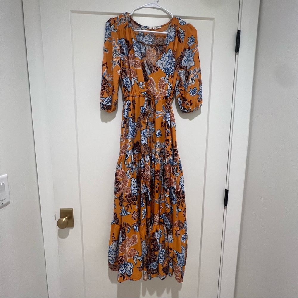 Abel The Label Mustard Floral Deep V-Neck Tie Waist Tiered Maxi Dress Size Small